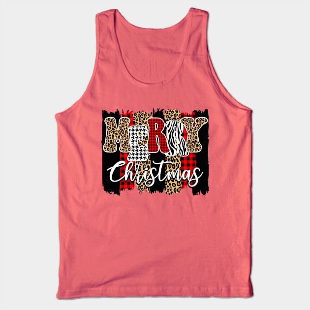 Merry Christmas Cheetah and Buffalo Plaid Paint Design Tank Top by OTM Sports & Graphics